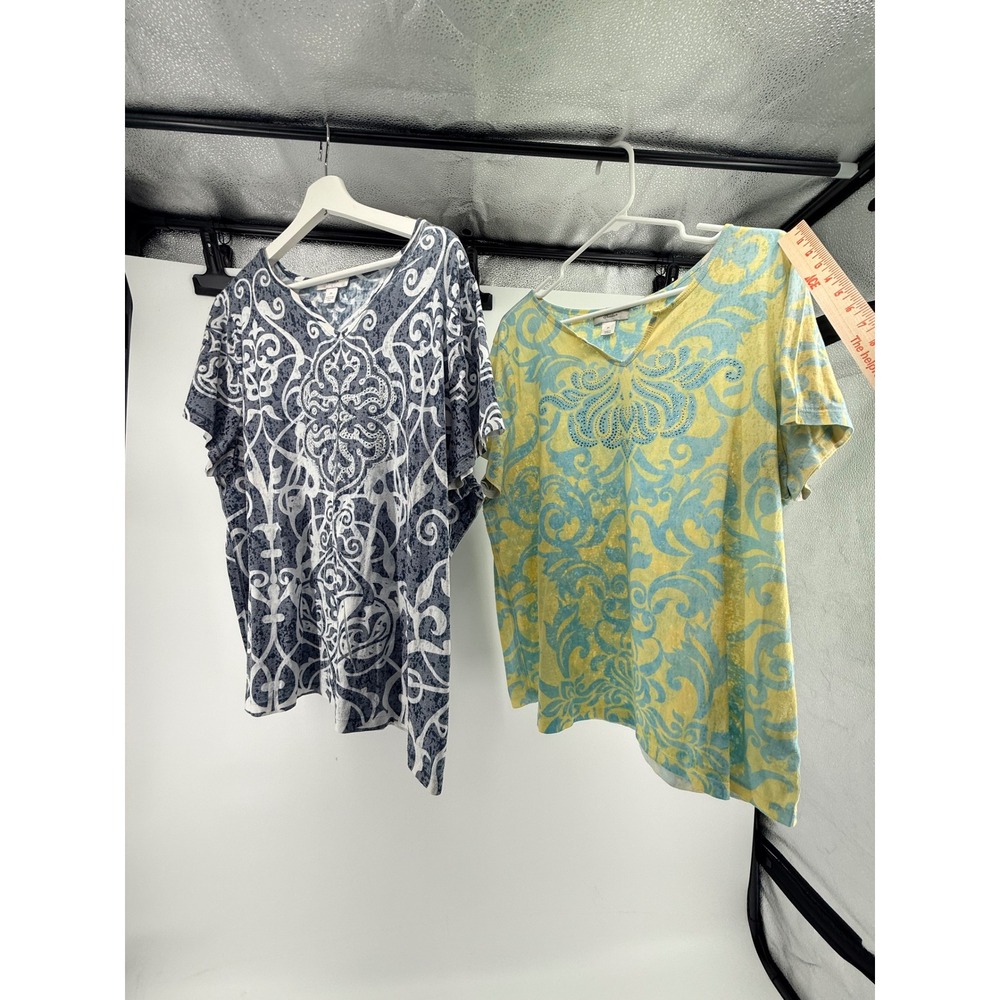 CJ Banks V-Neck Tops 2X Lot of 2 Damask Scroll Rhinestone Blue Yellow Navy